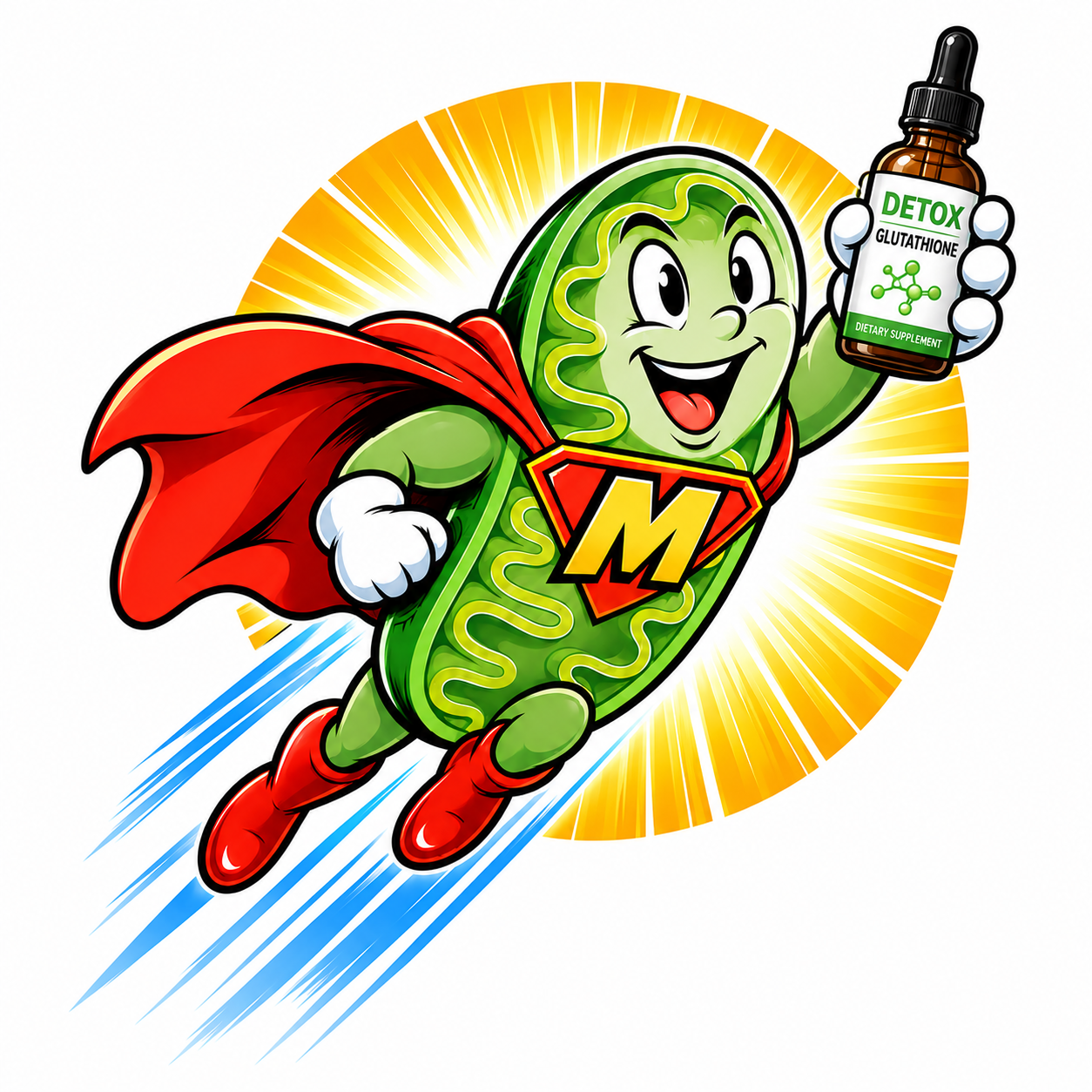 Mito mascot holding a Glutathione dropper bottle