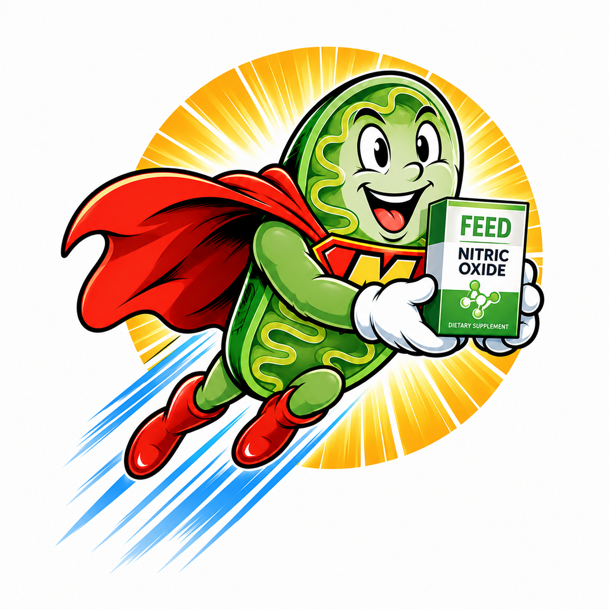 Mito mascot holding a Nitric Oxide test box