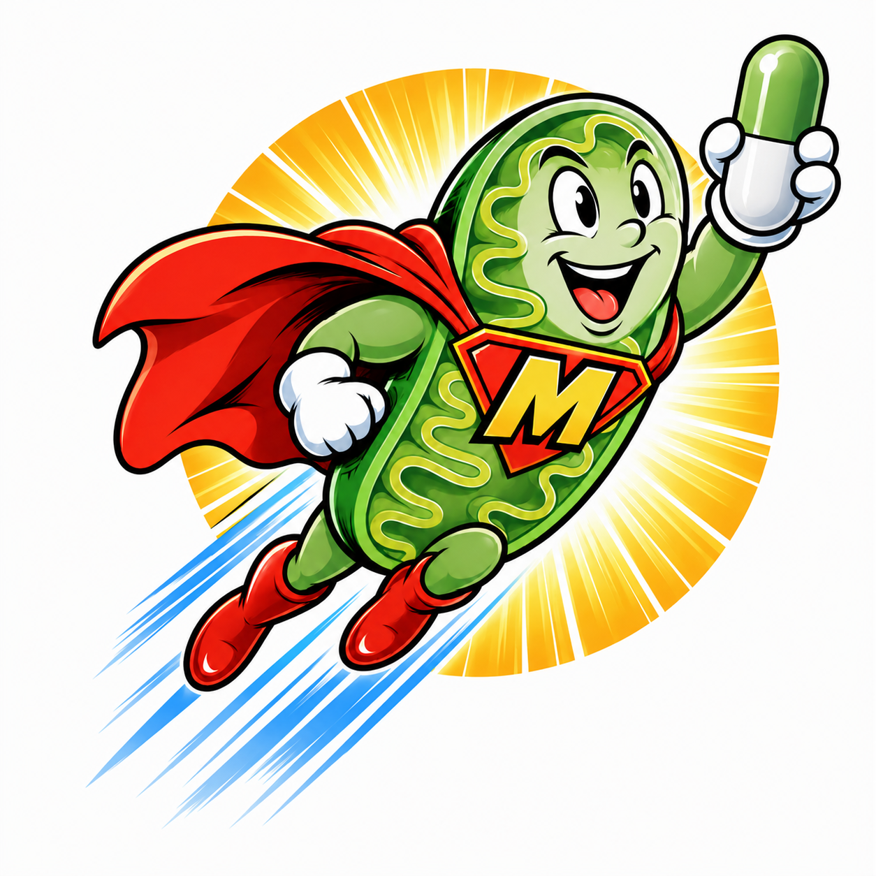 Mito mascot holding a Mitokatlyst-E capsule